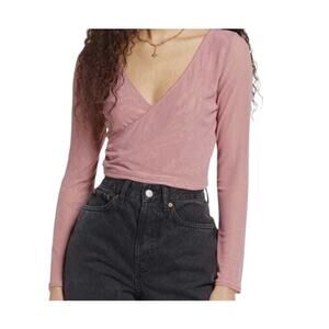 BP medium mesh criss cross v-neck semi-sheer faux wrap crop top BC 3133